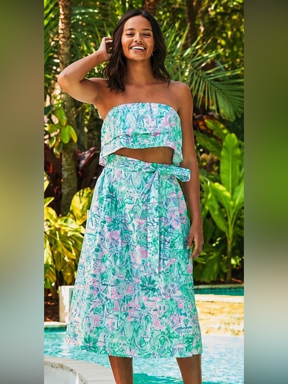 Lily Pulitzer Women Size 2 Camelflage Lenora Bandeau Crop Top & Midi Skirt Set